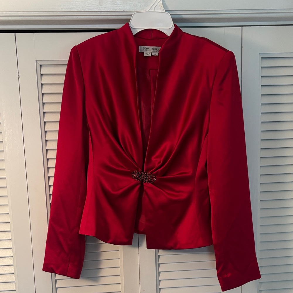 Kay Unger Red Satin Blazer with Decorative Clasp